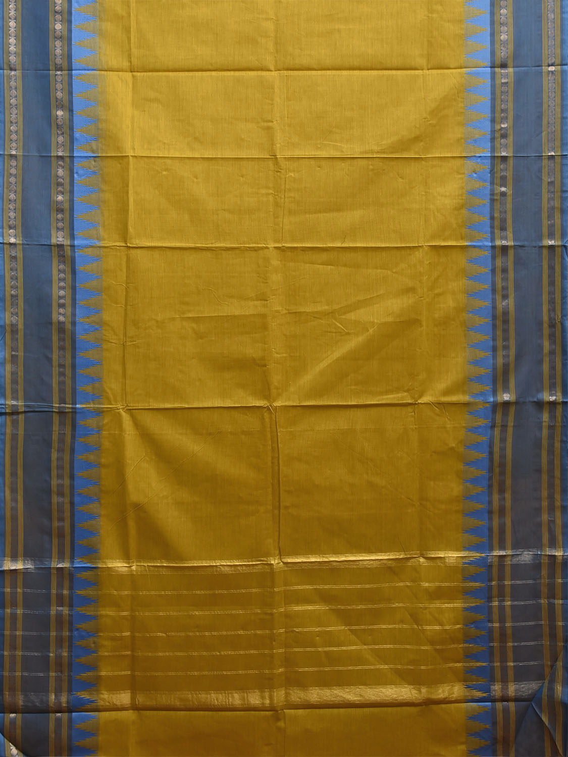 Olive and Blue Kanchipuram Cotton Plain Saree with Strips Pallu and Temple Border Design k1080