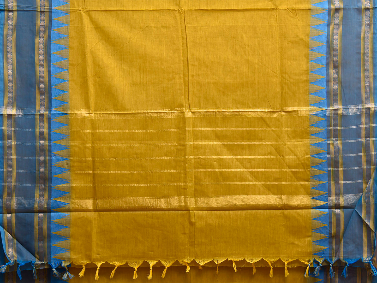 Olive and Blue Kanchipuram Cotton Plain Saree with Strips Pallu and Temple Border Design k1080