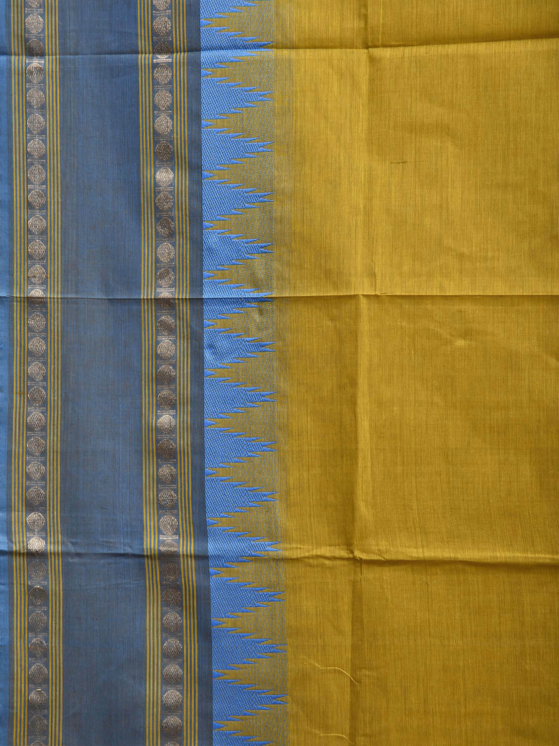 Olive and Blue Kanchipuram Cotton Plain Saree with Strips Pallu and Temple Border Design k1080