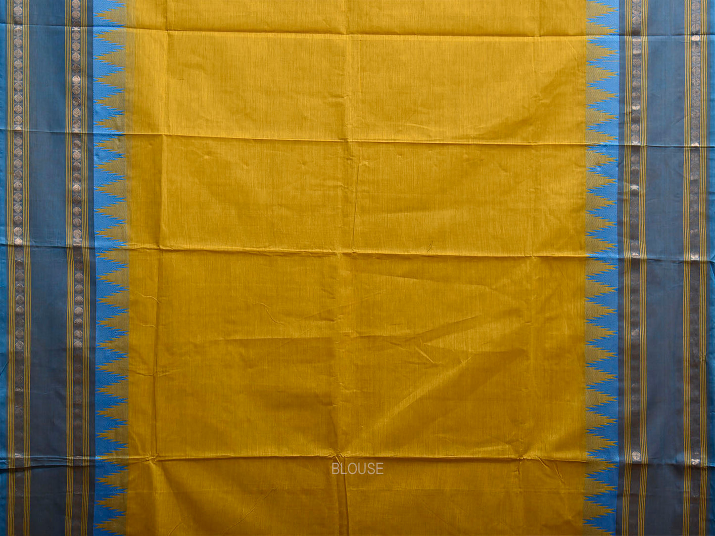 Olive and Blue Kanchipuram Cotton Plain Saree with Strips Pallu and Temple Border Design k1080