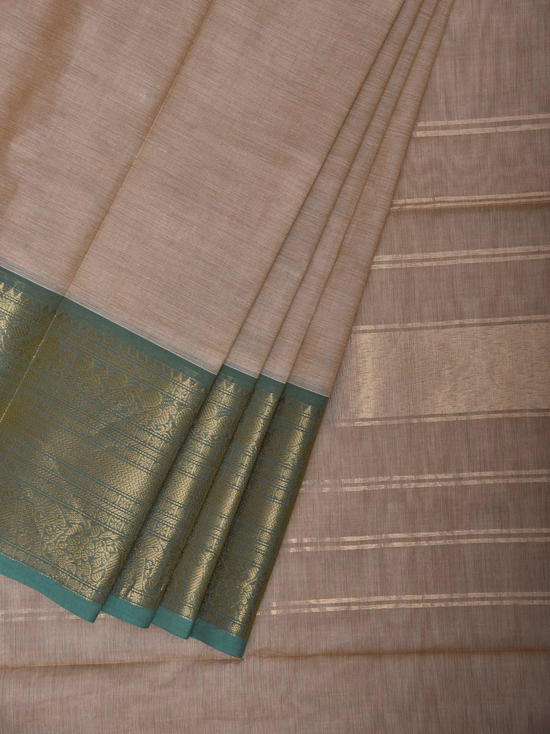 Cream and Turquoise Kanchipuram Cotton Plain Saree with Strips Pallu and Border Design k1081