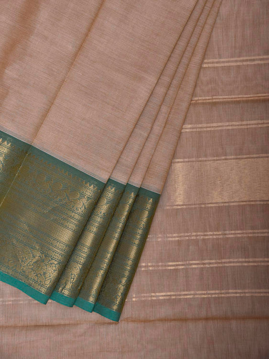 Cream and Turquoise Kanchipuram Cotton Plain Saree with Strips Pallu and Border Design k1081