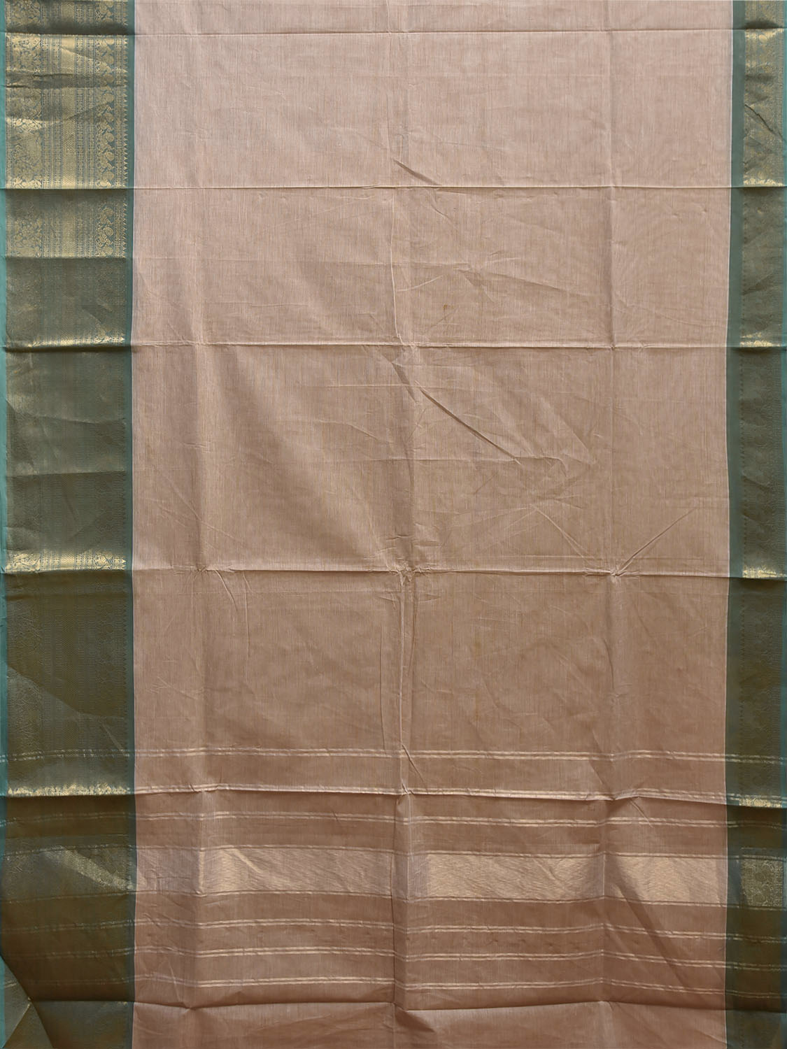 Cream and Turquoise Kanchipuram Cotton Plain Saree with Strips Pallu and Border Design k1081