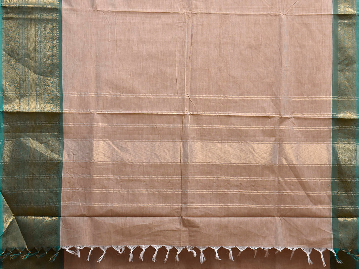 Cream and Turquoise Kanchipuram Cotton Plain Saree with Strips Pallu and Border Design k1081