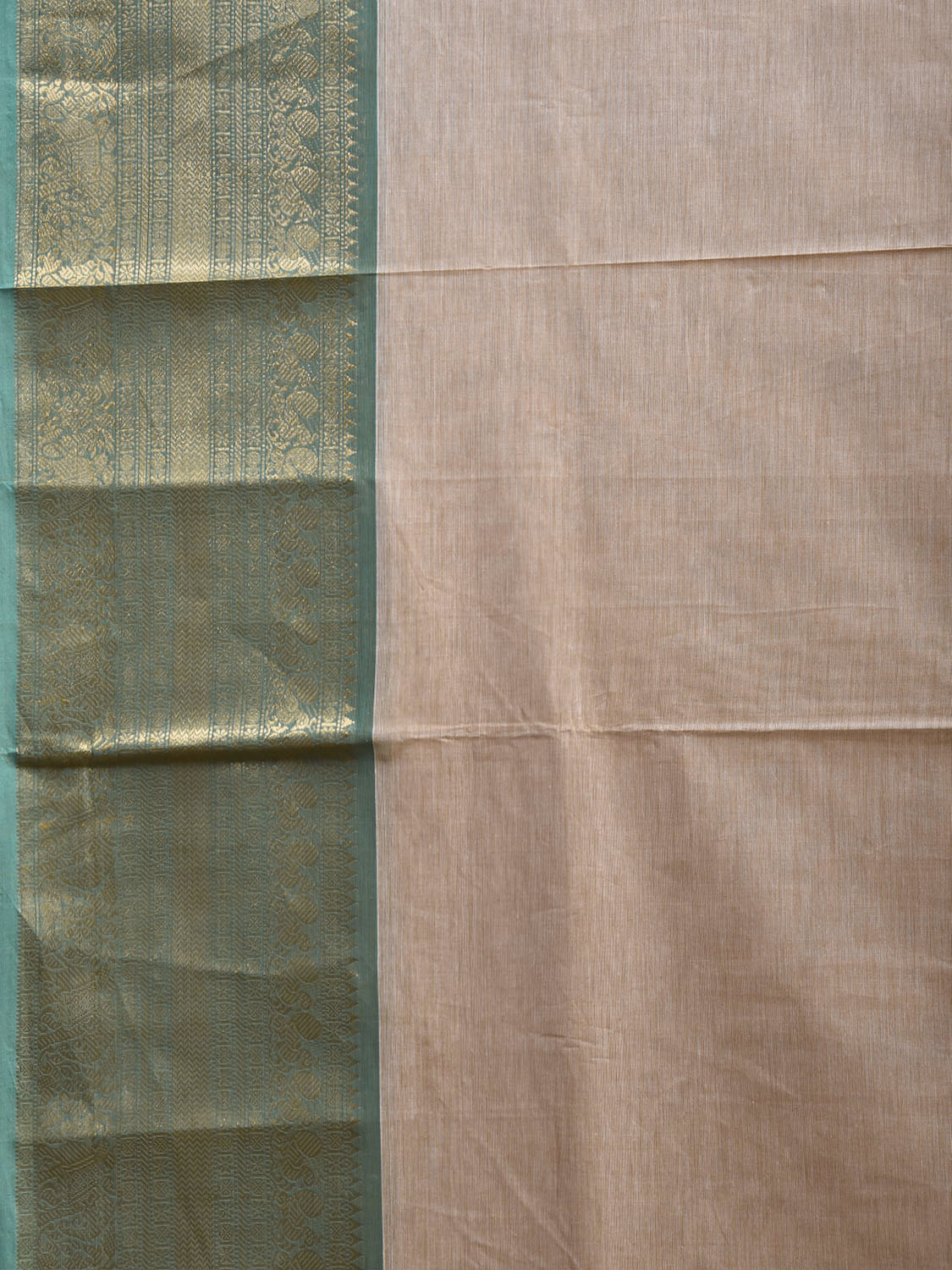 Cream and Turquoise Kanchipuram Cotton Plain Saree with Strips Pallu and Border Design k1081