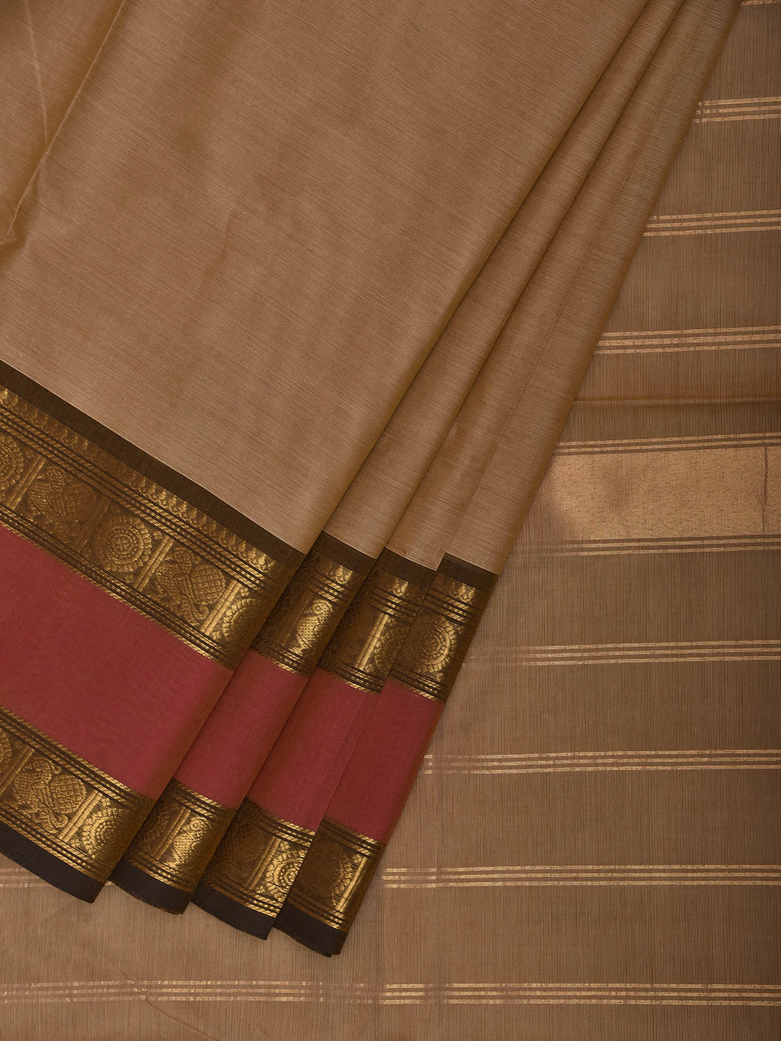 Dark Cream and Pink Kanchipuram Cotton Plain Saree with Strips Pallu and Border Design k1082
