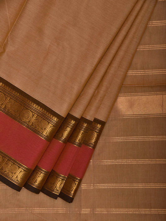 Dark Cream and Pink Kanchipuram Cotton Plain Saree with Strips Pallu and Border Design k1082