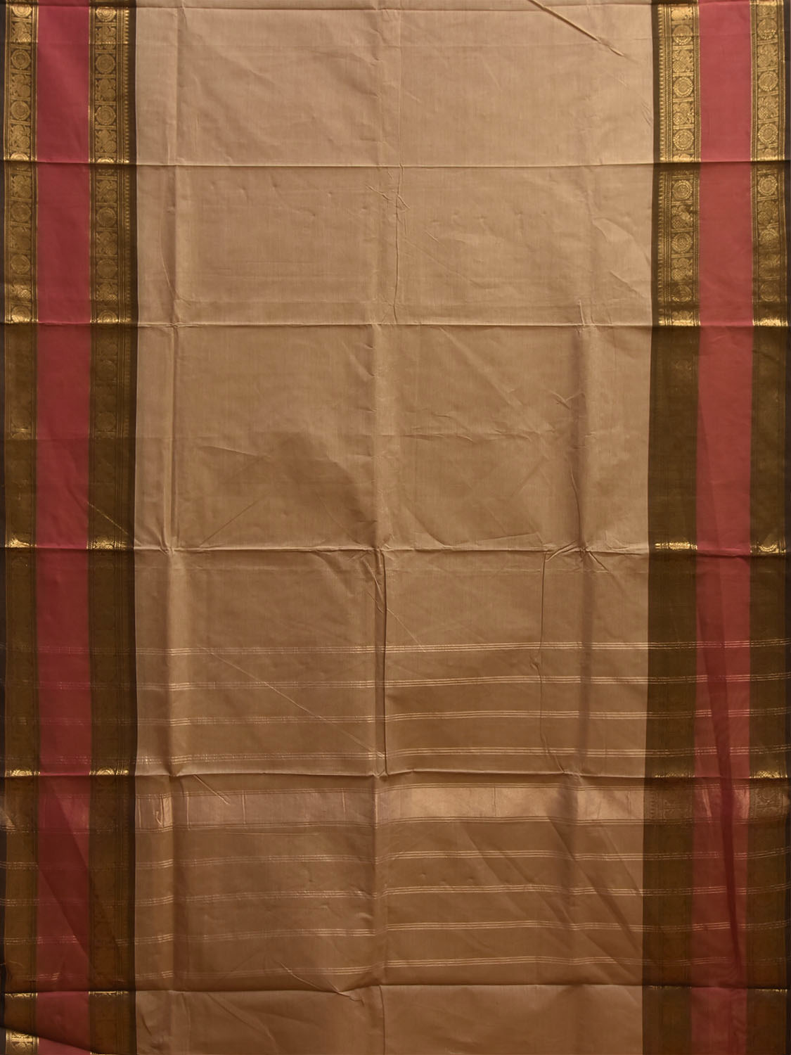 Dark Cream and Pink Kanchipuram Cotton Plain Saree with Strips Pallu and Border Design k1082