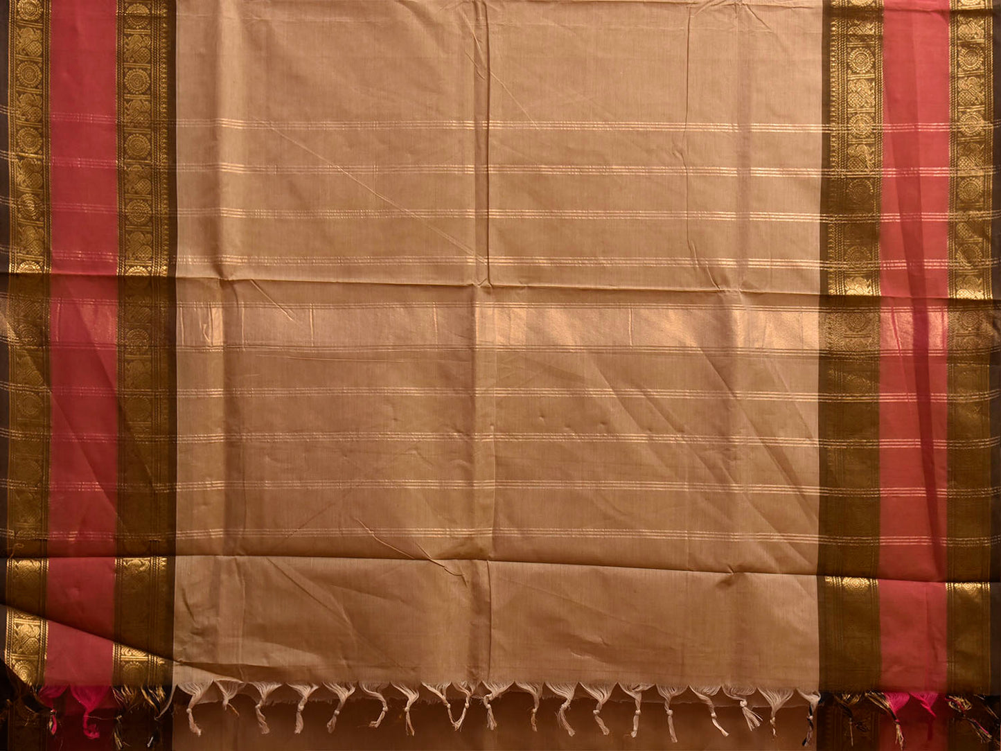 Dark Cream and Pink Kanchipuram Cotton Plain Saree with Strips Pallu and Border Design k1082