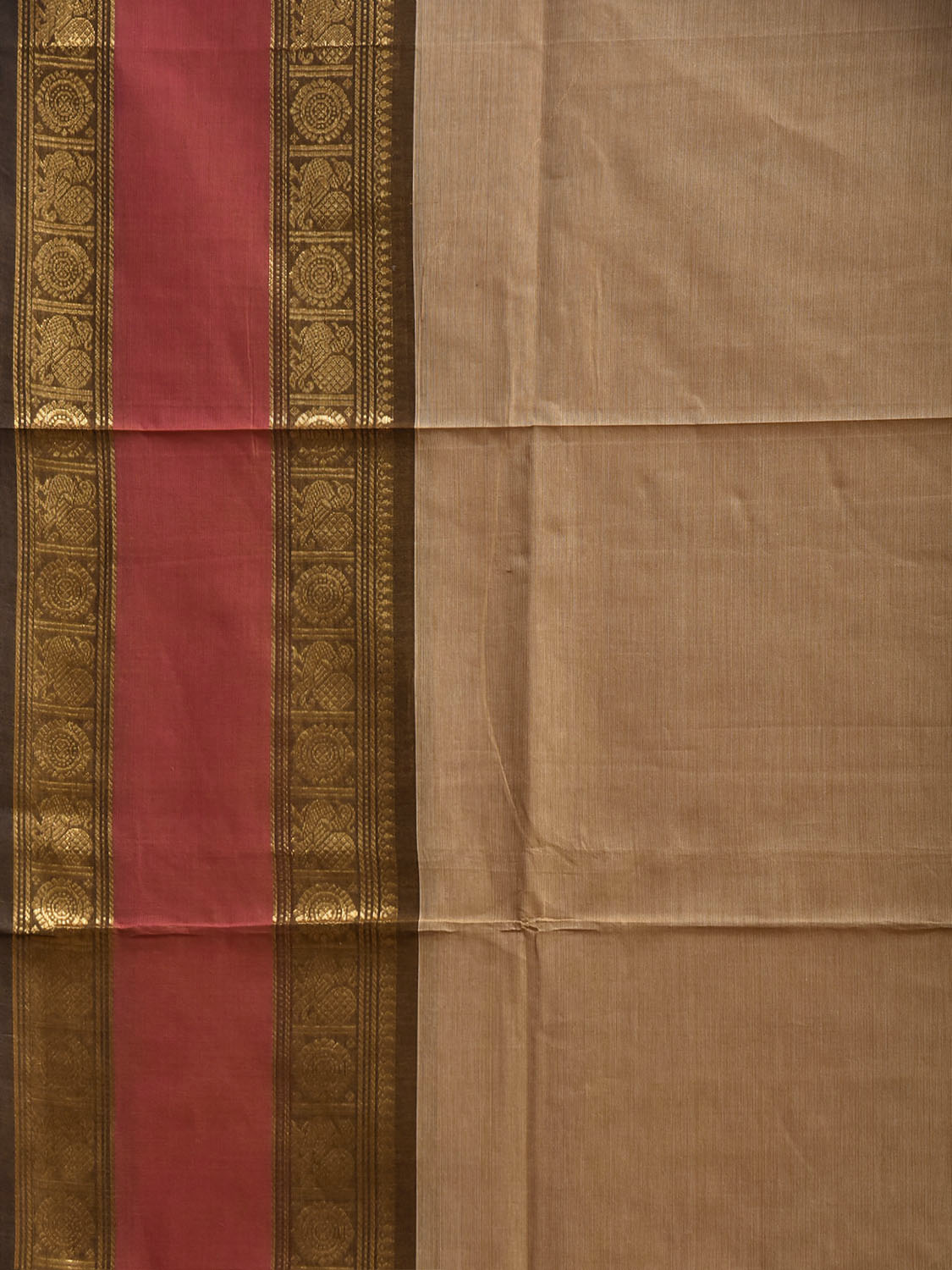 Dark Cream and Pink Kanchipuram Cotton Plain Saree with Strips Pallu and Border Design k1082
