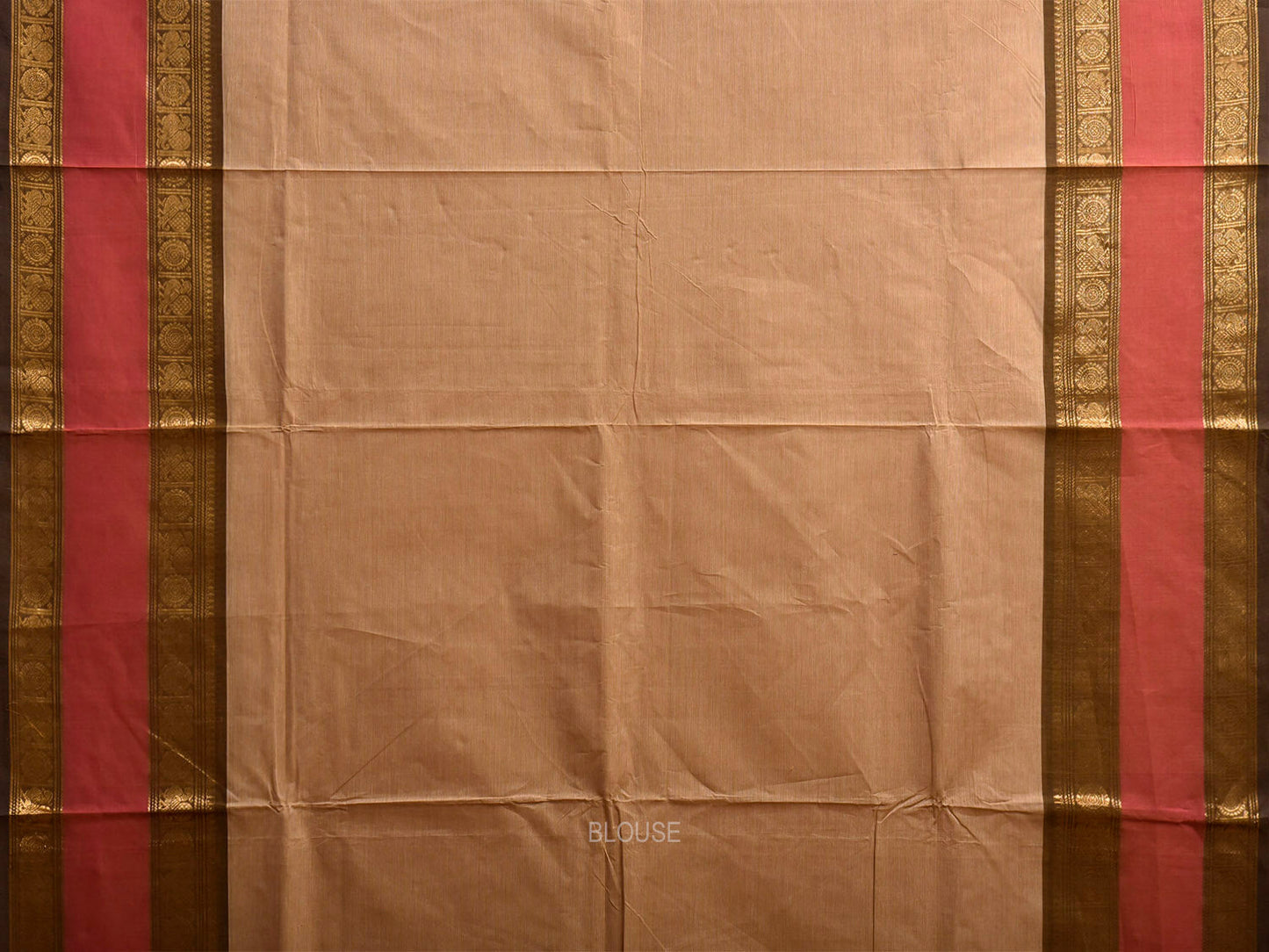 Dark Cream and Pink Kanchipuram Cotton Plain Saree with Strips Pallu and Border Design k1082