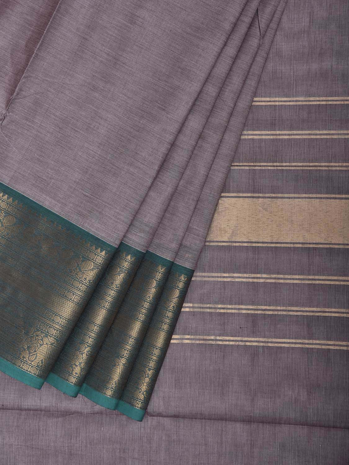Grey and Turquoise Kanchipuram Cotton Plain Saree with Strips Pallu and Border Design k1083