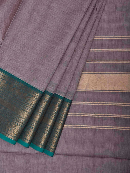 Grey and Turquoise Kanchipuram Cotton Plain Saree with Strips Pallu and Border Design k1083