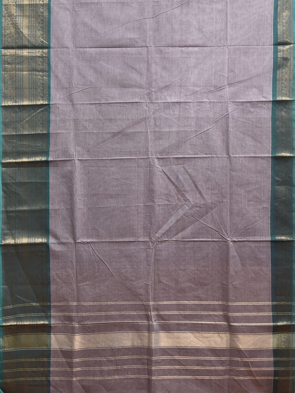 Grey and Turquoise Kanchipuram Cotton Plain Saree with Strips Pallu and Border Design k1083