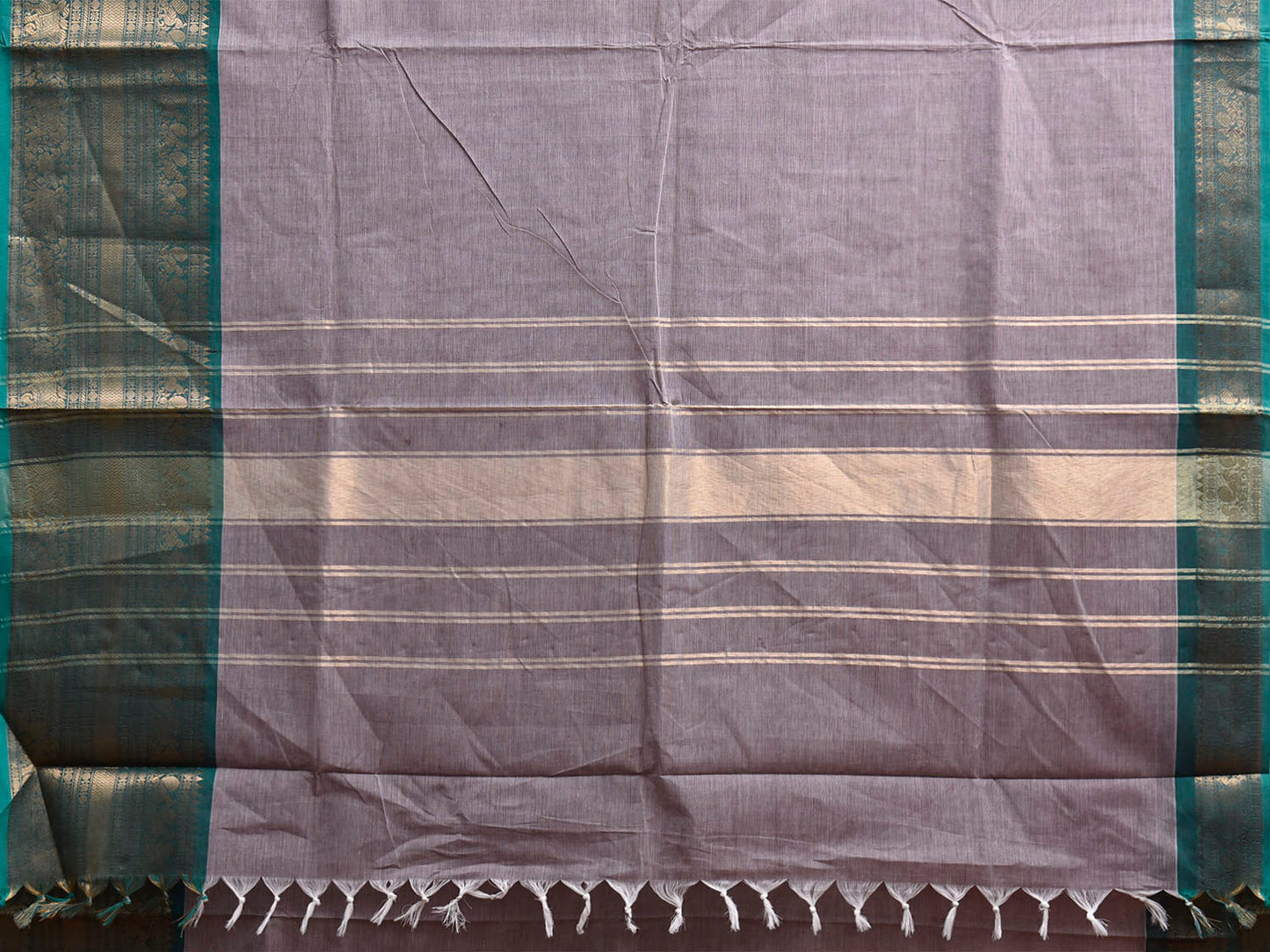 Grey and Turquoise Kanchipuram Cotton Plain Saree with Strips Pallu and Border Design k1083