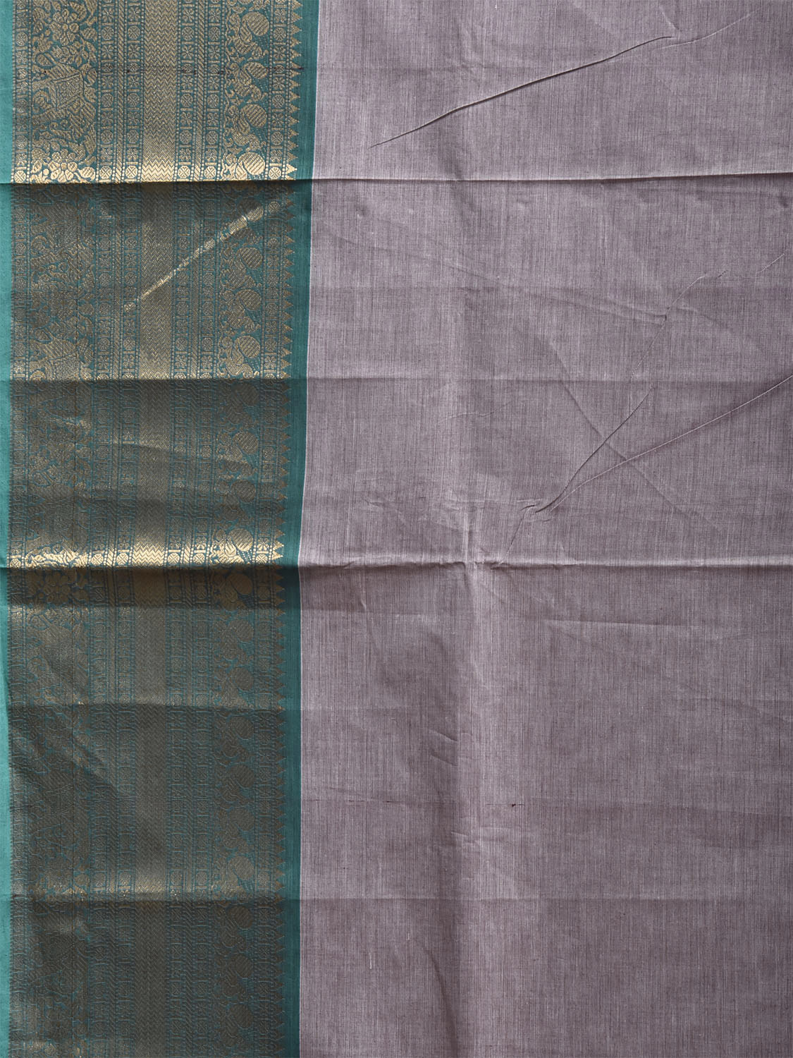 Grey and Turquoise Kanchipuram Cotton Plain Saree with Strips Pallu and Border Design k1083