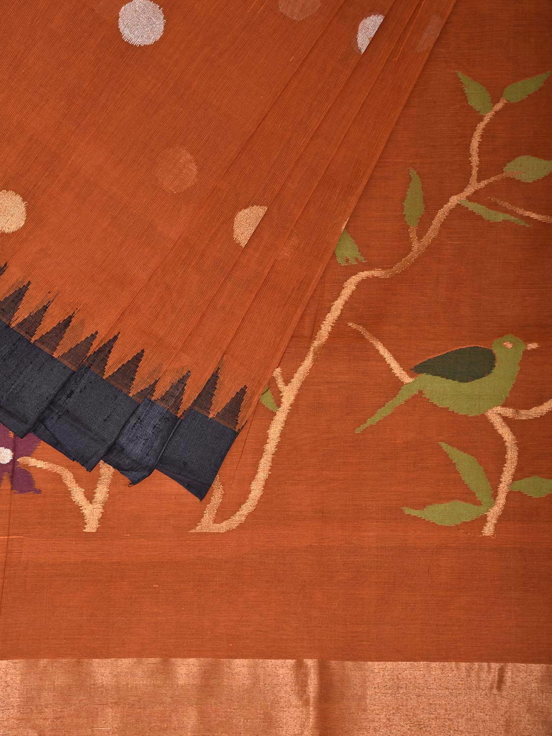 Orange and Black Khadi Cotton Handloom Saree with Pallu and Body Buta Design kh0719