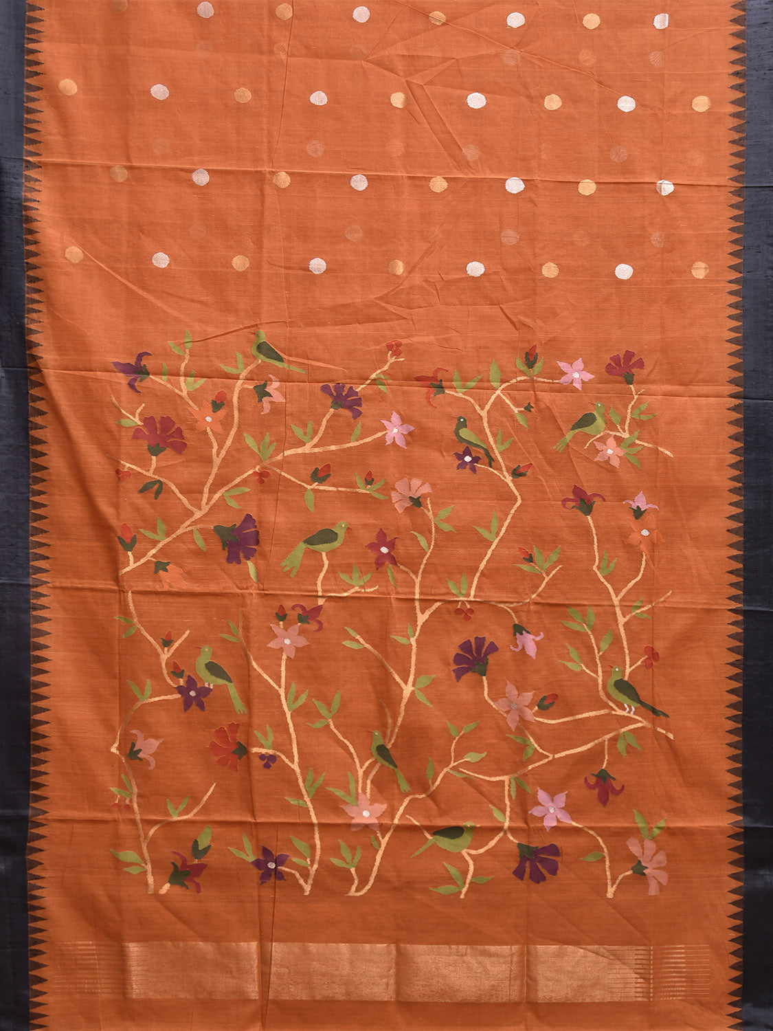 Orange and Black Khadi Cotton Handloom Saree with Pallu and Body Buta Design kh0719