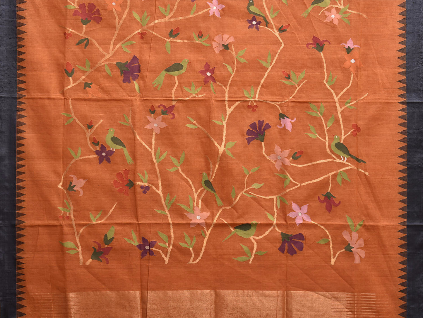 Orange and Black Khadi Cotton Handloom Saree with Pallu and Body Buta Design kh0719