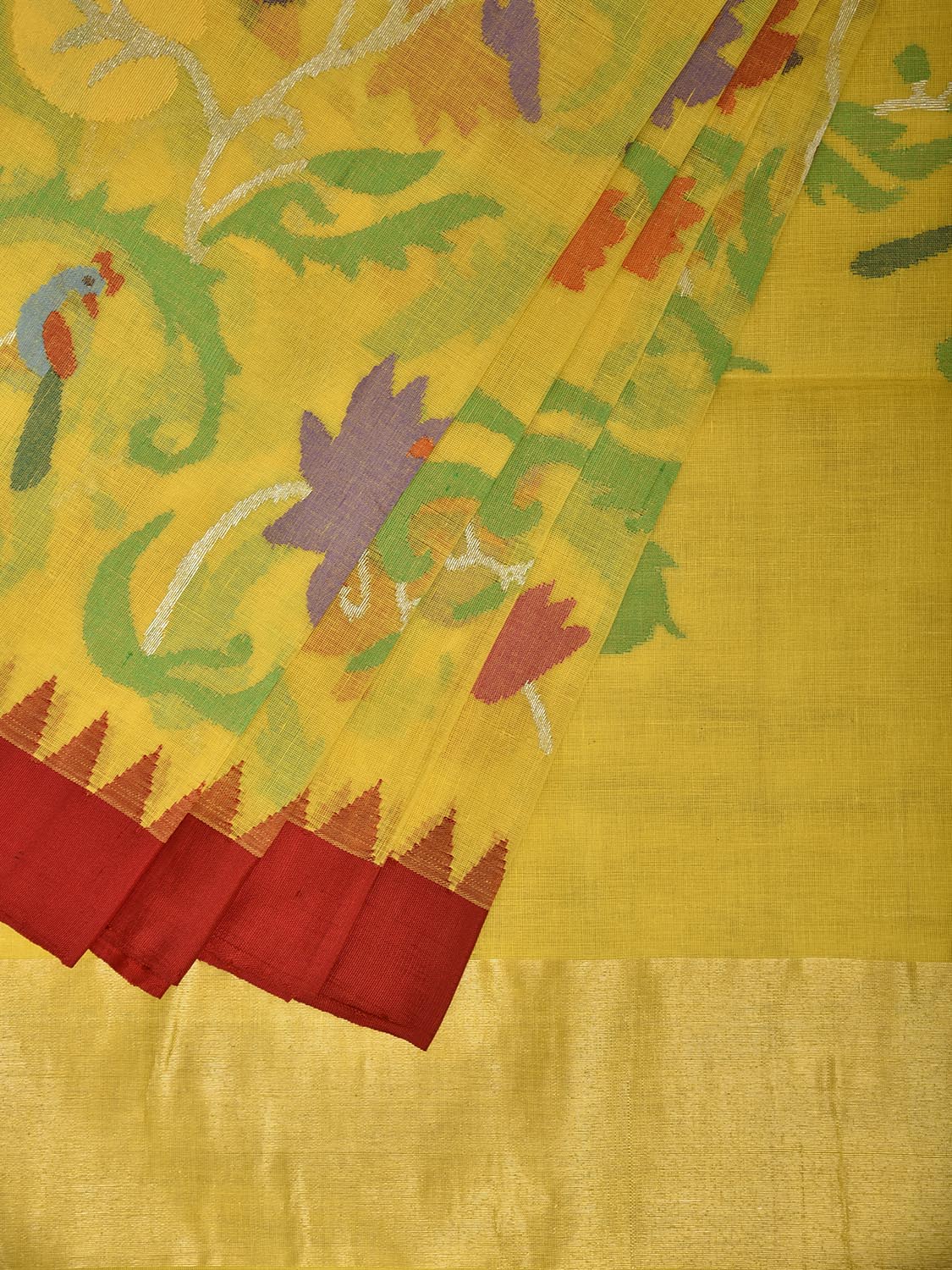 Yellow and Red Khadi Cotton Handloom Saree with All Over Lotus Design kh0820