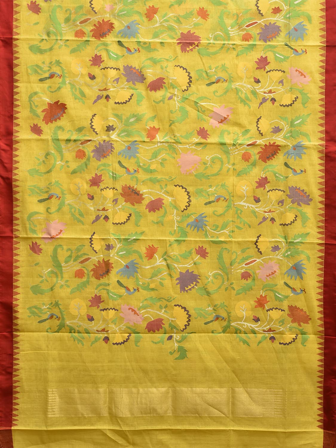 Yellow and Red Khadi Cotton Handloom Saree with All Over Lotus Design kh0820