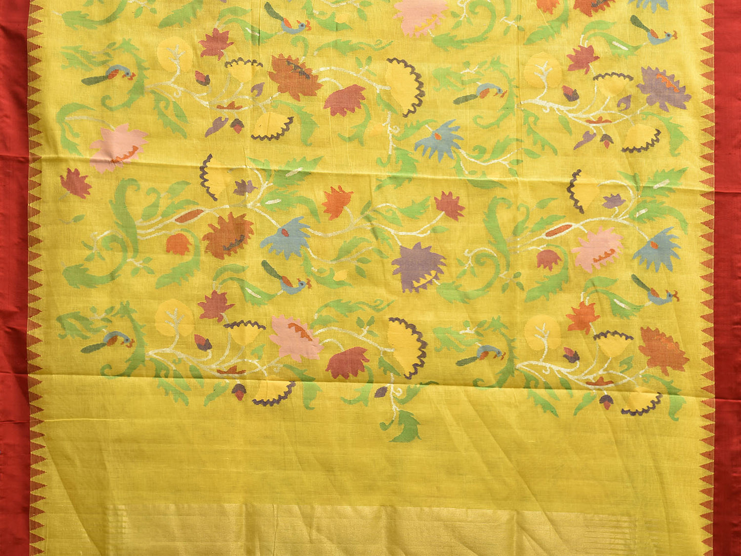 Yellow and Red Khadi Cotton Handloom Saree with All Over Lotus Design kh0820