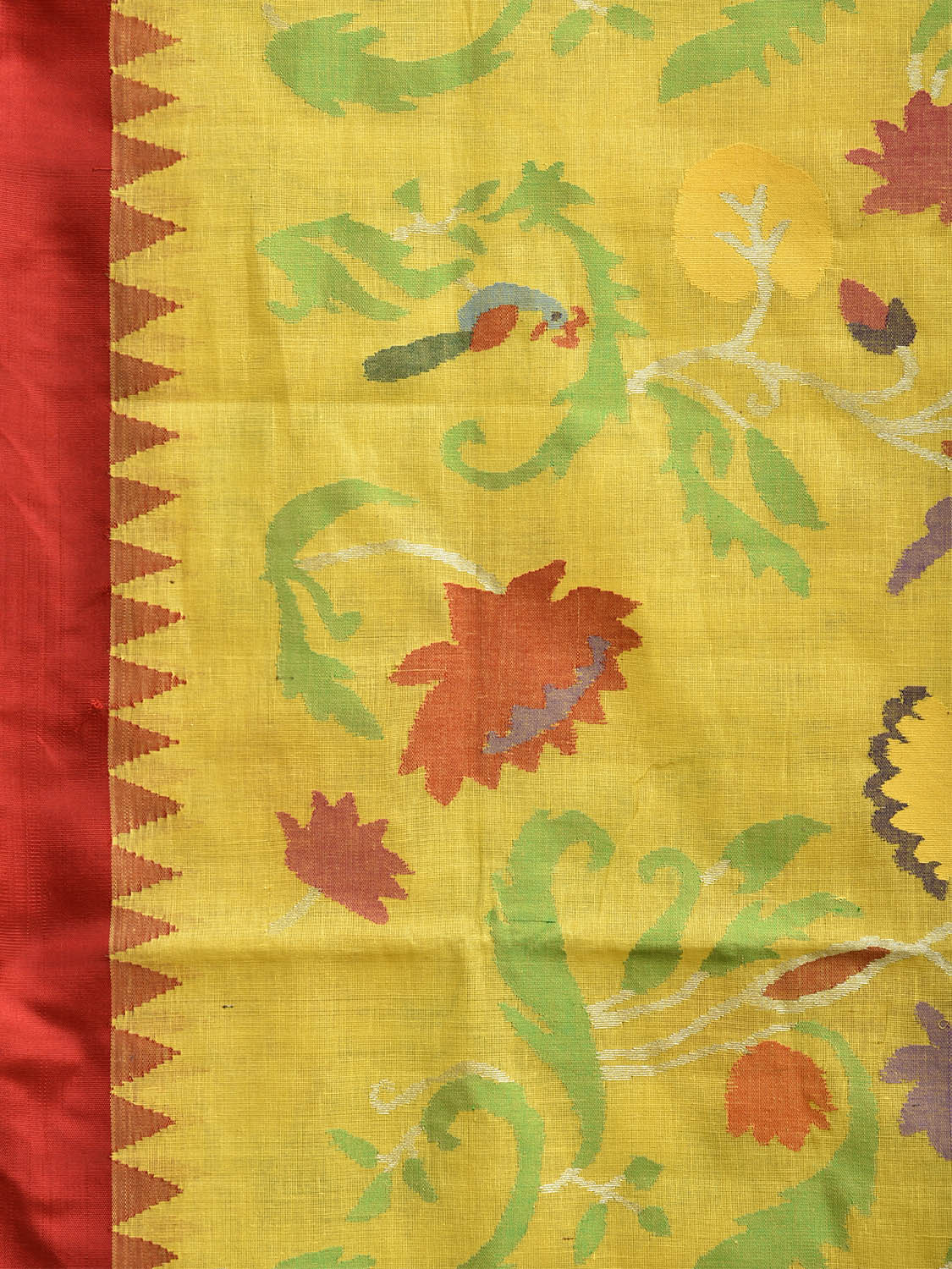 Yellow and Red Khadi Cotton Handloom Saree with All Over Lotus Design kh0820