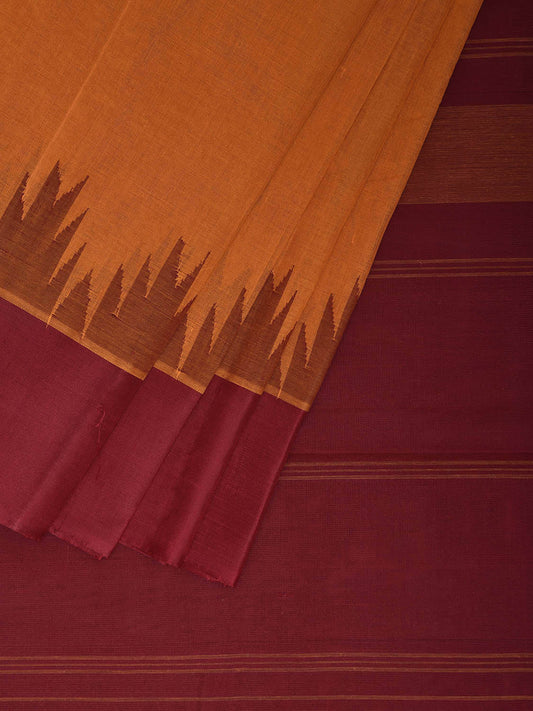 Orange and Maroon Khadi Cotton Handloom Plain Saree with Big Temple Border kh0721