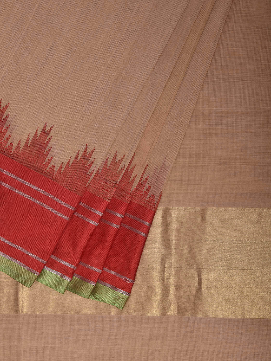 Cream and Red Khadi Cotton Handloom Plain Saree with Big Temple Border kh0722