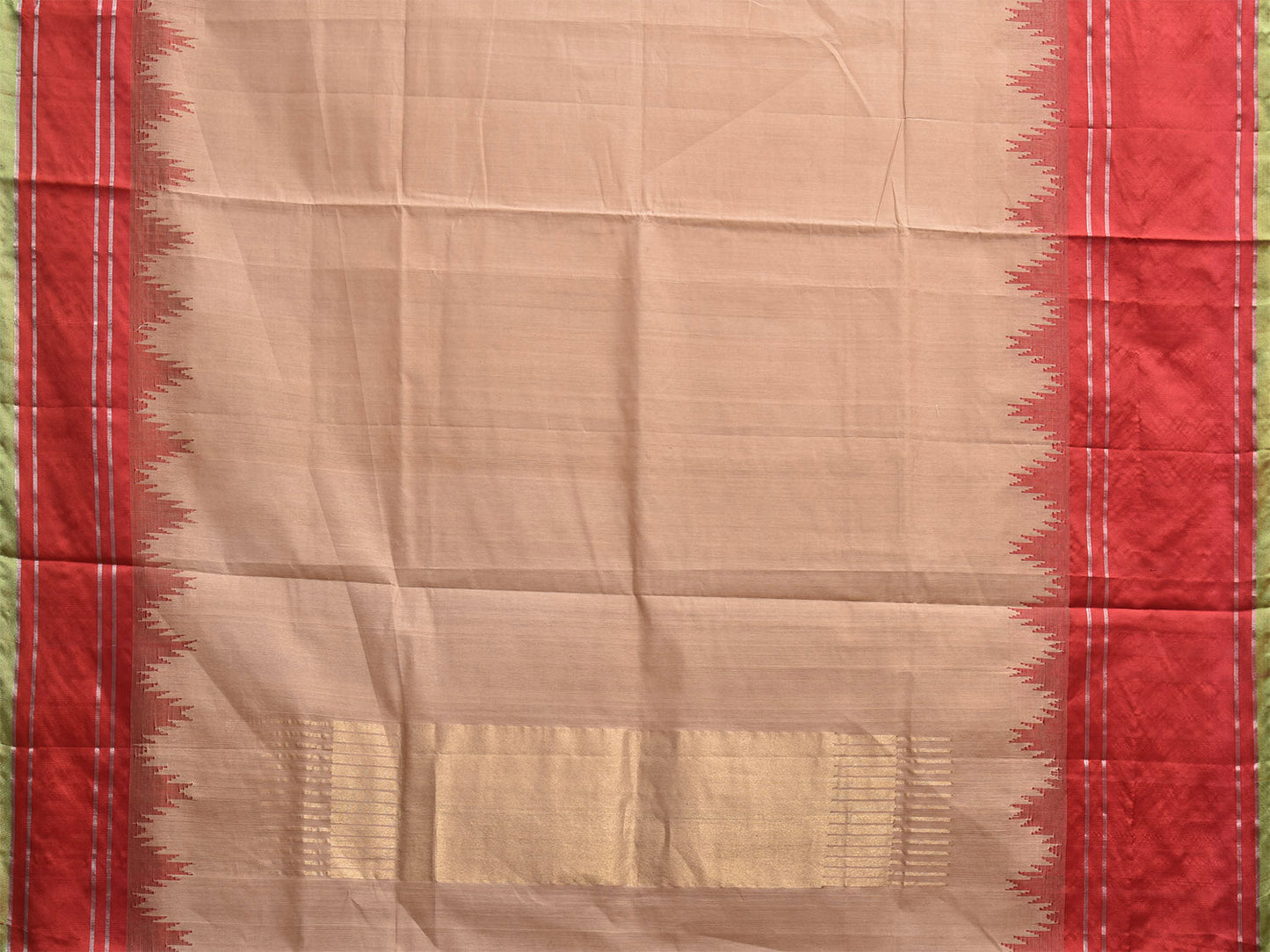 Cream and Red Khadi Cotton Handloom Plain Saree with Big Temple Border kh0722