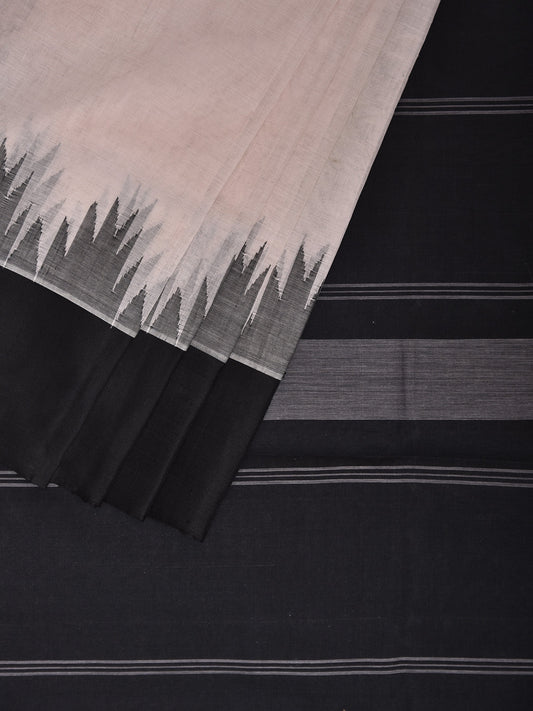 White and Black Khadi Cotton Handloom Plain Saree with Big Temple Border kh0723