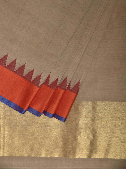 Cream and Orange Khadi Cotton Handloom Plain Saree with Temple Border kh0724