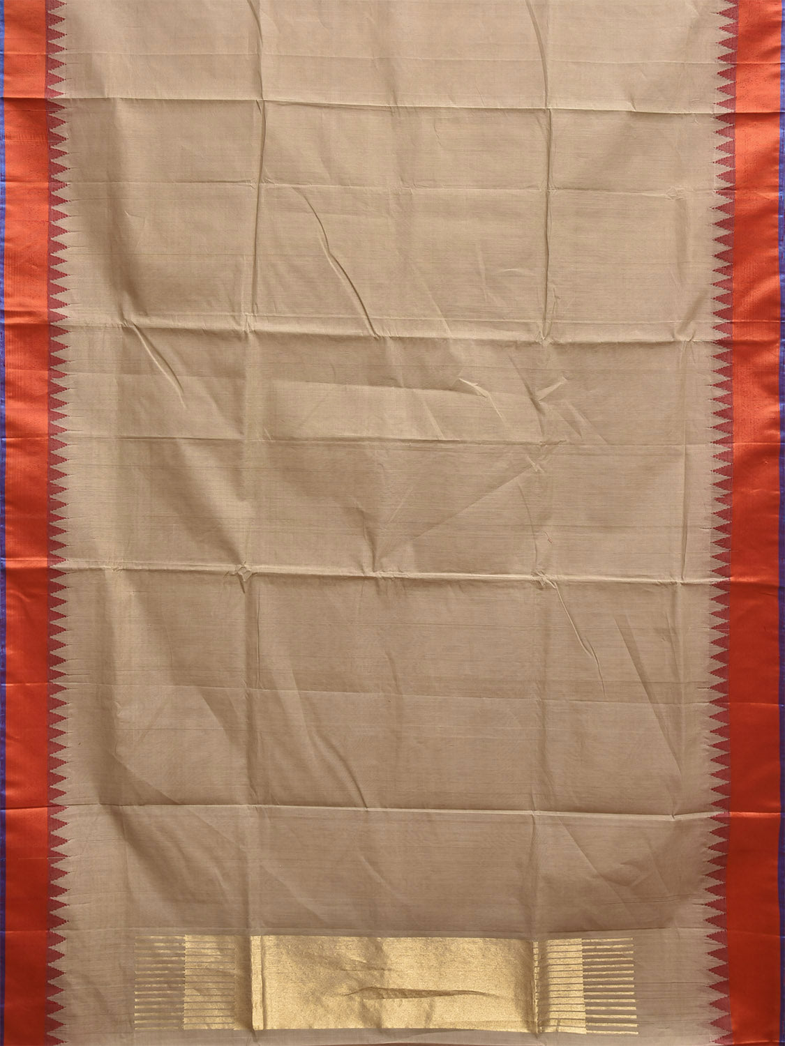 Cream and Orange Khadi Cotton Handloom Plain Saree with Temple Border kh0724