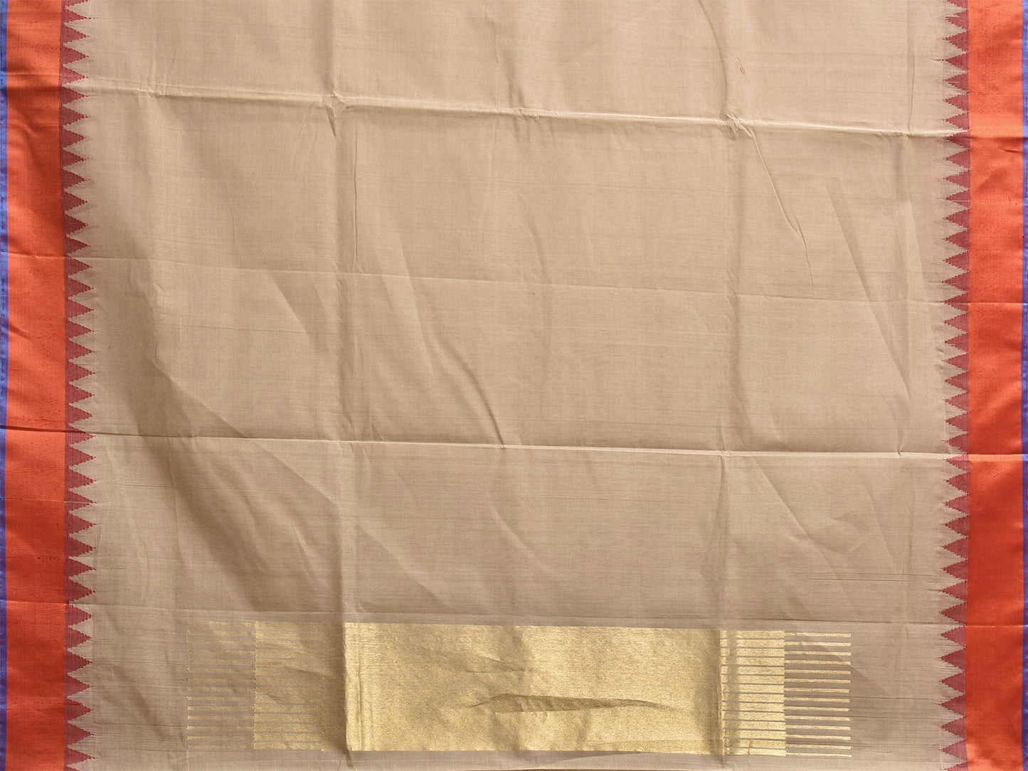 Cream and Orange Khadi Cotton Handloom Plain Saree with Temple Border kh0724