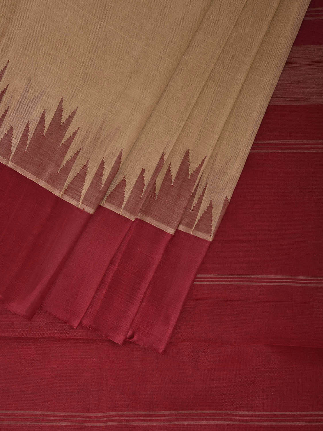Cream and Maroon Khadi Cotton Handloom Plain Saree with Big Temple Border kh0726