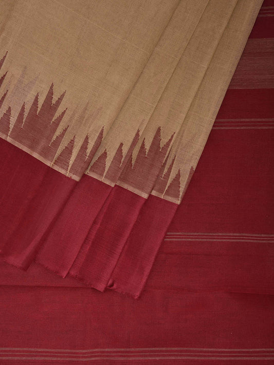 Cream and Maroon Khadi Cotton Handloom Plain Saree with Big Temple Border kh0726