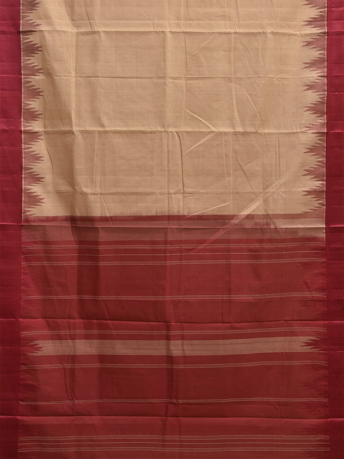 Cream and Maroon Khadi Cotton Handloom Plain Saree with Big Temple Border kh0726