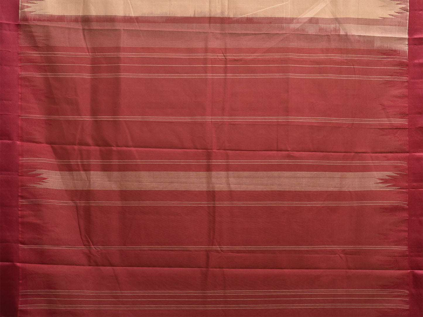 Cream and Maroon Khadi Cotton Handloom Plain Saree with Big Temple Border kh0726