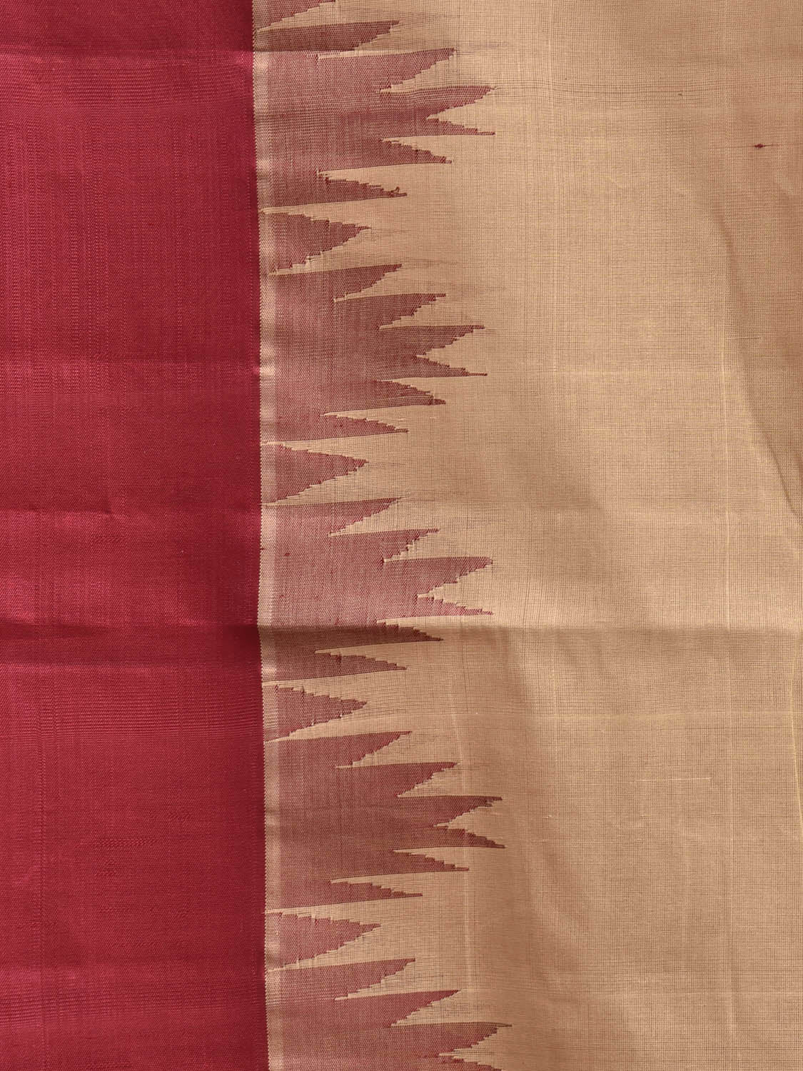 Cream and Maroon Khadi Cotton Handloom Plain Saree with Big Temple Border kh0726