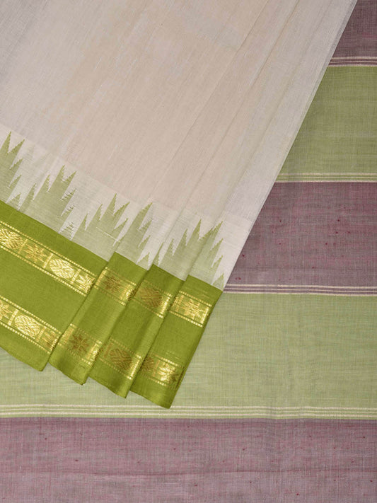 White and Green Khadi Cotton Handloom Plain Saree with Big Temple Border kh0727
