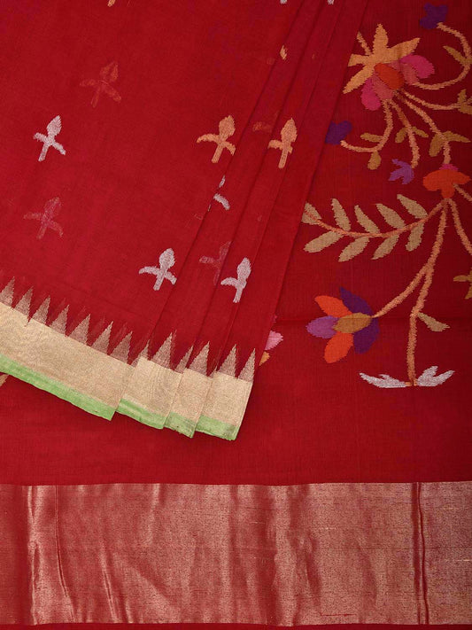 Red Khadi Cotton Handloom Saree with Birds and Floral Pallu Design kh0728