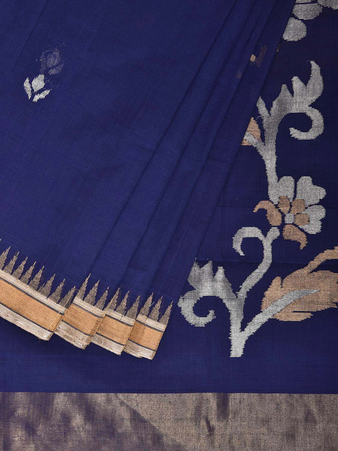 Dark Blue Khadi Cotton Handloom Saree with Floral Pallu Design kh0729