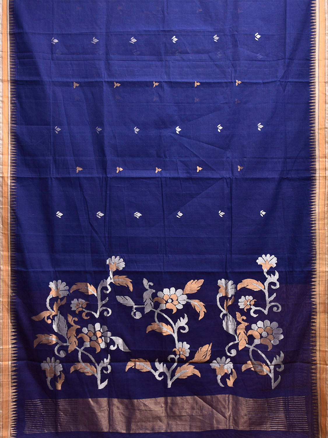 Dark Blue Khadi Cotton Handloom Saree with Floral Pallu Design kh0729