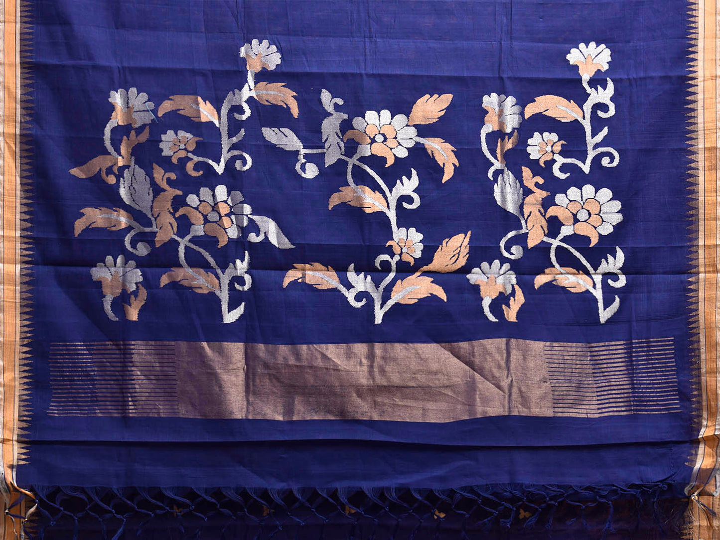 Dark Blue Khadi Cotton Handloom Saree with Floral Pallu Design kh0729