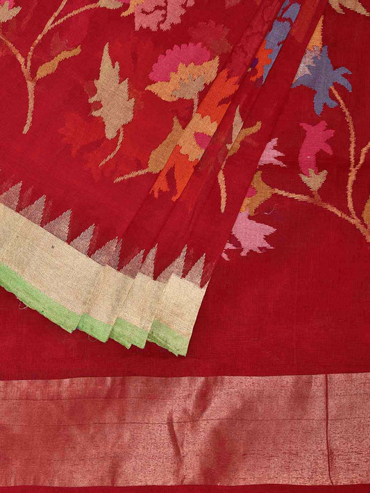 Red Khadi Cotton Handloom Saree with All Over Floral Design kh0730