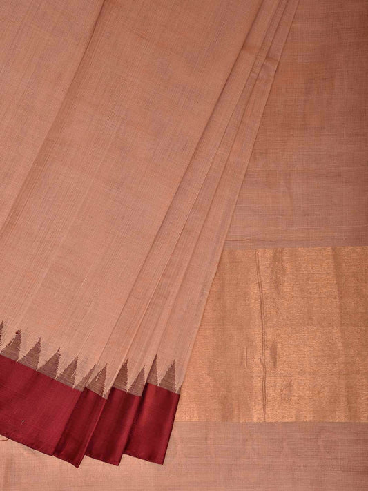 Cream and Maroon Khadi Cotton Handloom Palin Saree with Small Temple Border Design kh0732