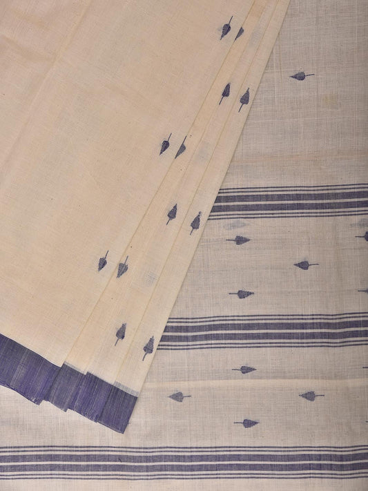 White and Blue Khadi Cotton Handloom Saree with Small Body Buta Design kh0733
