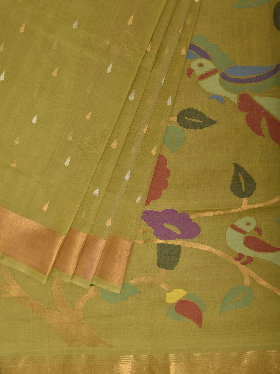 Light Green Khadi Cotton Handloom Saree with Floral and Birds Pallu Design kh0735