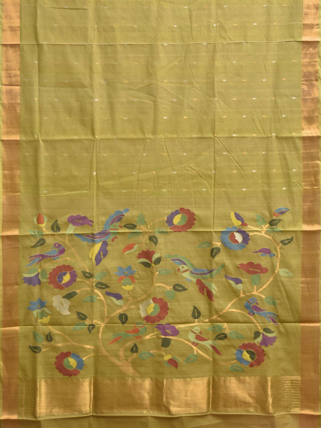 Light Green Khadi Cotton Handloom Saree with Floral and Birds Pallu Design kh0735