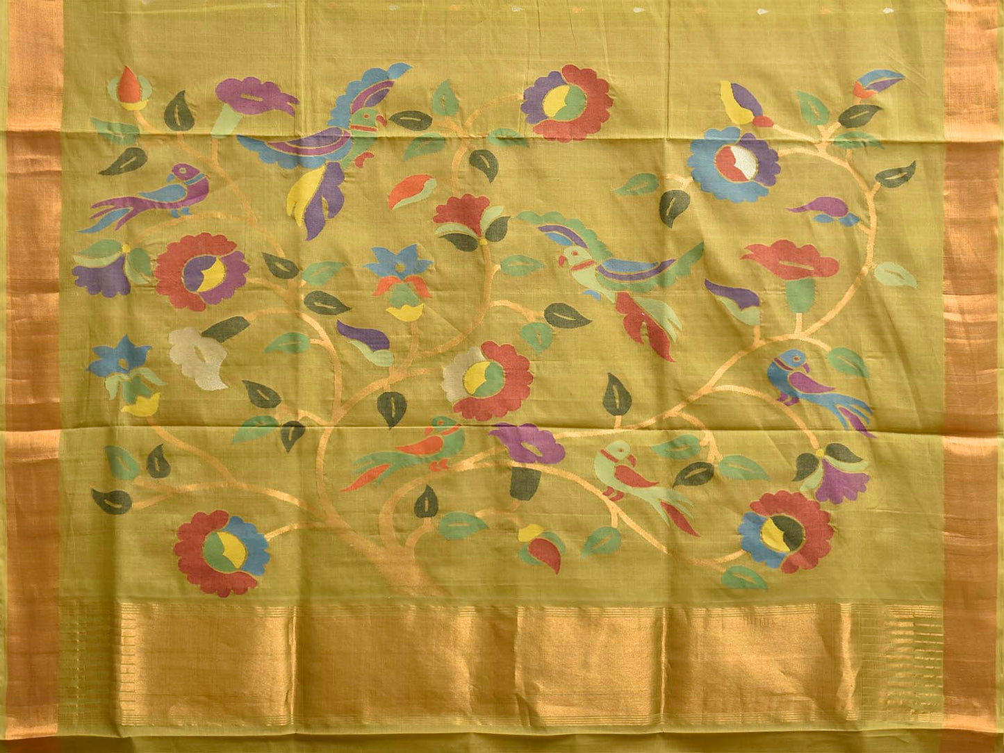 Light Green Khadi Cotton Handloom Saree with Floral and Birds Pallu Design kh0735